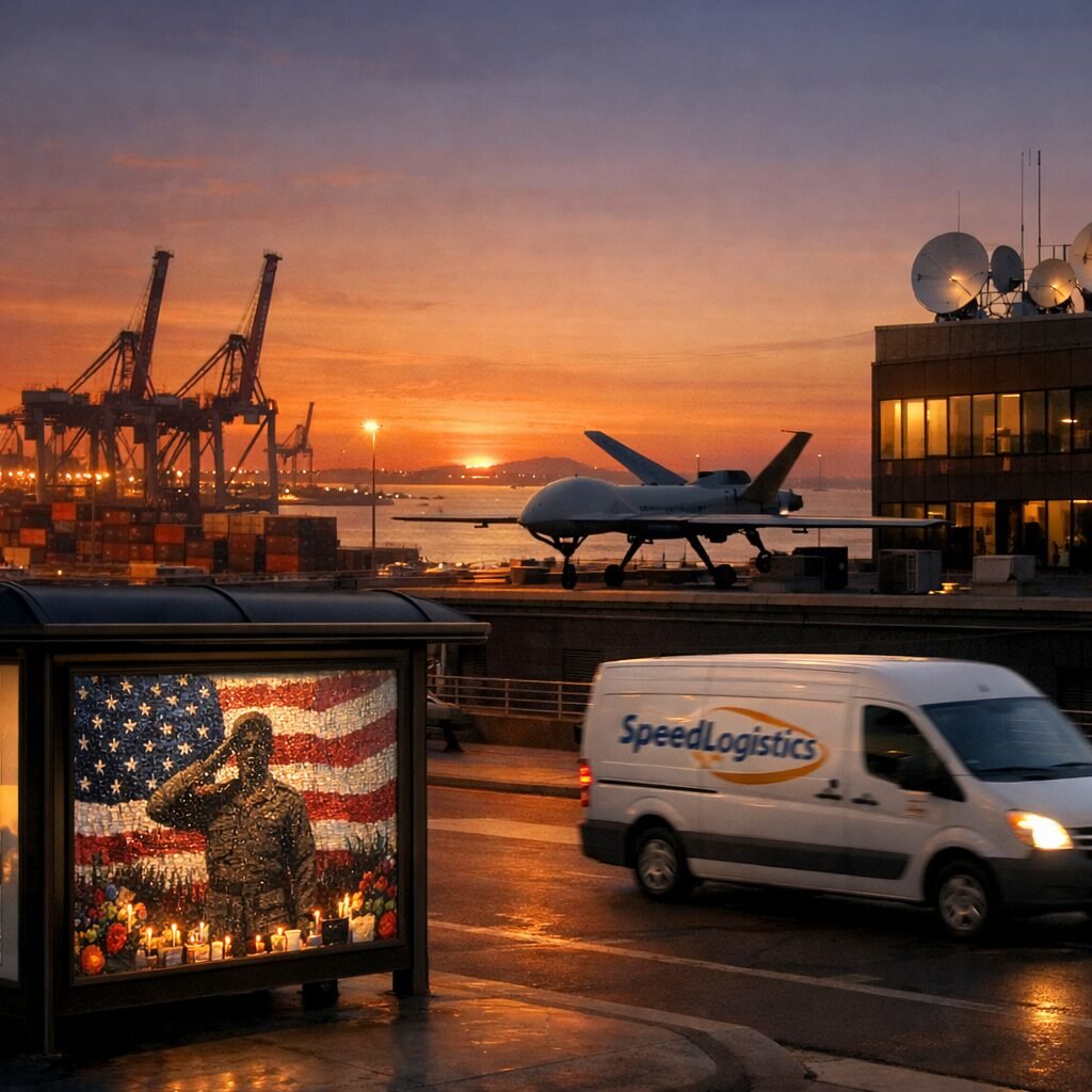 A wide-angle photograph at dusk of a coastal city where cranes and shipping containers stand silhouetted beside a military drone on a rooftop. In the foreground, a bus shelter is plastered with a digital poster showing a memorial mosaic; a delivery van with a logistics company logo passes by. Reflections of satellite dishes glint from office windows. The scene contrasts civilian commerce with subtle military presence, bathed in an amber sky that suggests both routine urban life and the lingering shadow of strategic infrastructure.