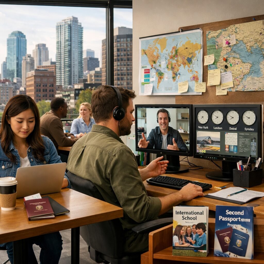 A realistic photograph of a mid-sized co‑working space with a multicultural mix of professionals: a woman on a laptop with a passport and a coffee cup, a man on a video call with pinned world maps and a dual‑screen setup showing multiple time zones. Through a large window, a city skyline blends modern glass towers and older brick buildings, suggesting transnational urban layers. On a nearby shelf sit guidebooks, an international school brochure and a brochure for a second‑passport programme—small objects that signify the commercialisation of 'international' aspiration.