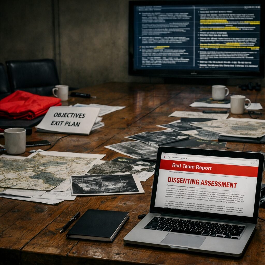 A stark, realistic photo: a long wooden conference table in a dimly lit government war room, strewn with maps, satellite images and coffee cups. At one end a clear red flag lies folded beside a sheaf of papers titled "Objectives" and "Exit Plan"; at the other, a wall-mounted screen displays scrolling intelligence summaries with portions highlighted in yellow. In the foreground, an open laptop shows a red-team report with the words "Dissenting Assessment" visible. The scene conveys tension between secrecy and scrutiny, planning and oversight, with a muted palette and sharp contrasts that underline the high stakes.