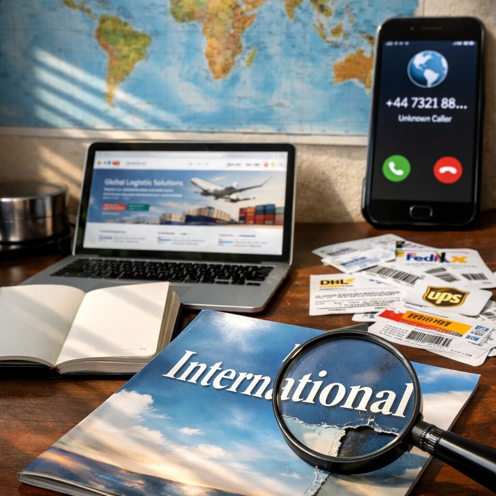 A sharply lit photograph of a modest office desk beneath an oversized world map pinned to the wall. On the desk lies a glossy brochure with the word 'International' in large type, a laptop showing a company website with mixed language snippets, a passport with several blank pages visible, scattered shipping labels bearing different courier logos, and a magnifying glass focusing on a small, frayed seam of the brochure—symbolising scrutiny. In the background, a blurred phone displays an incoming call from an unrecognised international number; natural light slants across the scene, highlighting the contrast between polished marketing and the fragile reality beneath.