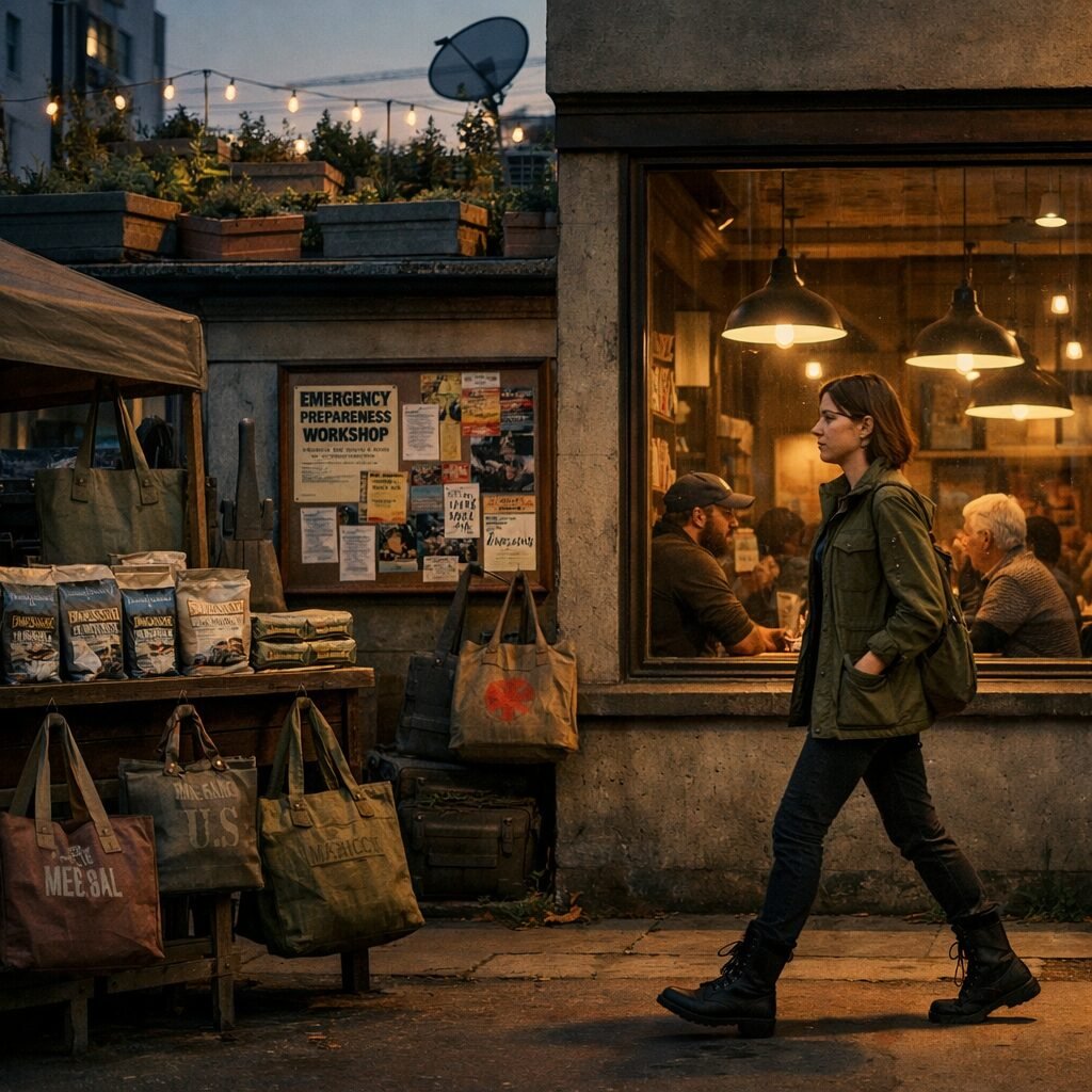 A cinematic street scene at dusk: a young woman in a tailored field jacket and combat boots walks past a café window where patrons sit beneath industrial pendant lights. Inside, a community noticeboard holds flyers for emergency-preparedness workshops next to gig posters. Above the café, a rooftop garden filled with raised beds and a small satellite dish suggests urban resilience. In the foreground, a market stall sells dehydrated meal pouches and vintage military surplus reworked into chic tote bags. The palette is muted—olive, concrete grey, burnt umber—evoking both utility and warmth; the composition balances normality and the latent presence of conflict's influence on daily life.