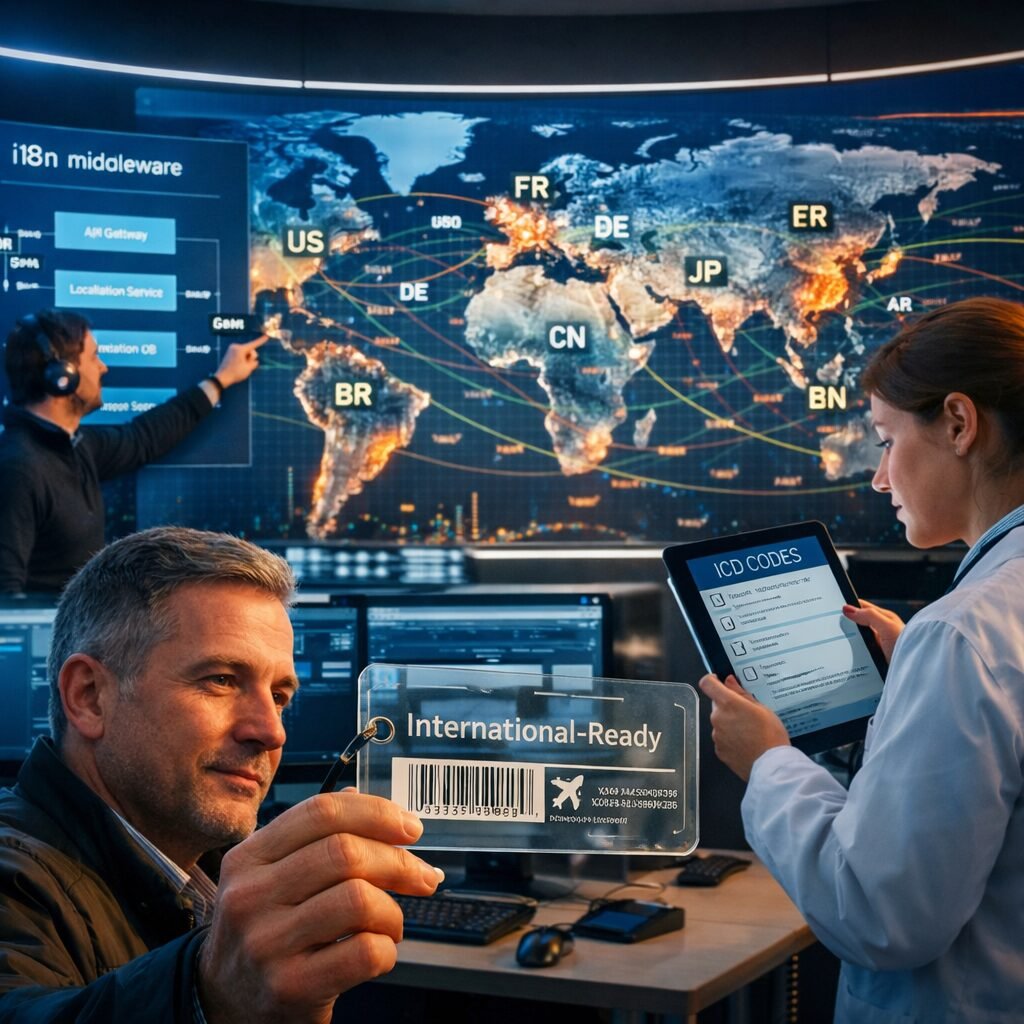 A high-resolution composite image showing a global operations room: a central curved screen displays a world map overlaid with data streams, ISO country codes, shipping routes and language tags; to one side, a software engineer points at an API diagram labelled 'i18n middleware'; nearby, a clinician examines a tablet showing ICD codes and consent forms; in the foreground, a logistics manager holds a translucent parcel tag marked 'International-Ready'. The lighting is cool blue, with warm accents on the human faces, emphasising both digital infrastructure and human decision-making.