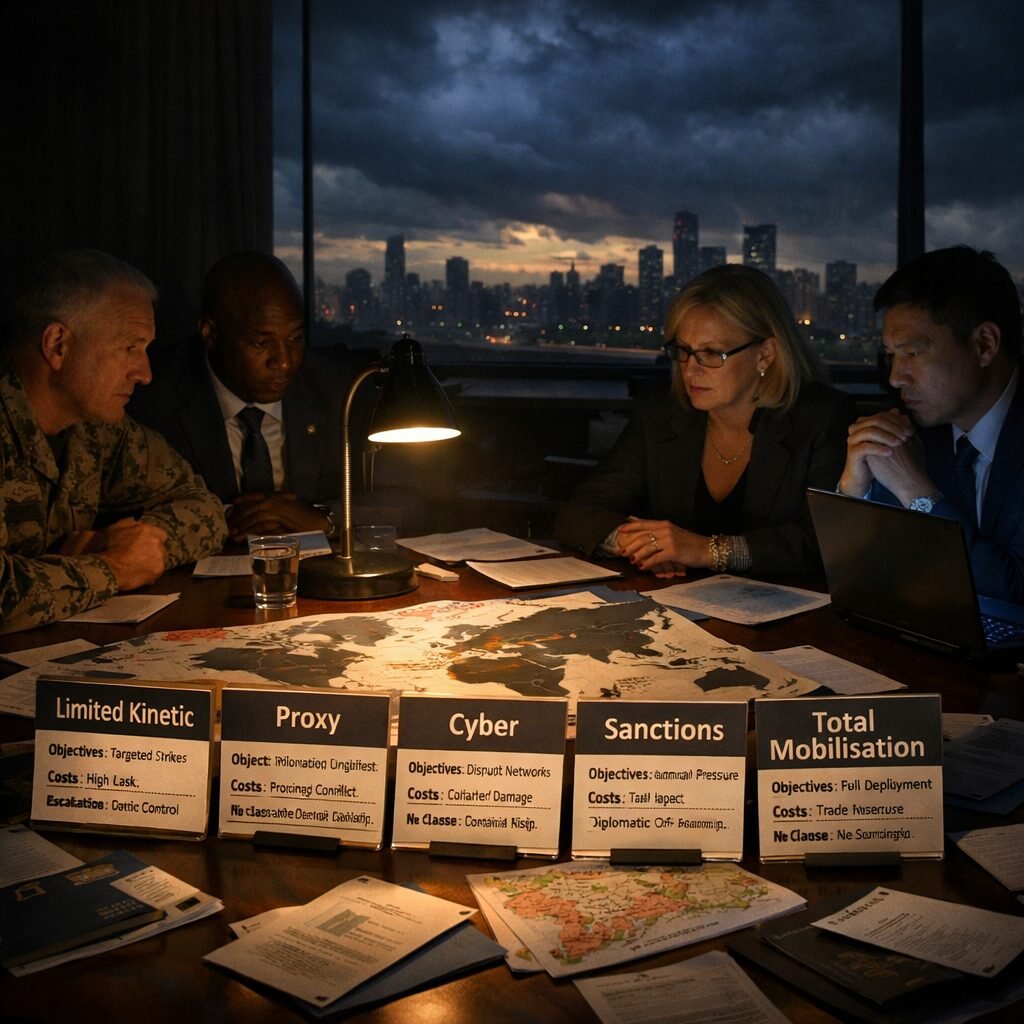 A stark, cinematic photograph: at dusk, a conference table in a dim war-room is strewn not with maps alone but with product-style briefing cards—each labelled 'Limited Kinetic', 'Proxy', 'Cyber', 'Sanctions', 'Total Mobilisation'—detailing objectives, costs and exit clauses. Around the table, figures of diverse backgrounds—military officers, diplomats, a human rights lawyer and an economist—lean in, faces half-lit by a single lamp and the blue glow of a laptop. Outside the window, the silhouette of a city skyline is visible under a stormy sky, suggesting the fragile line between decision and consequence.
