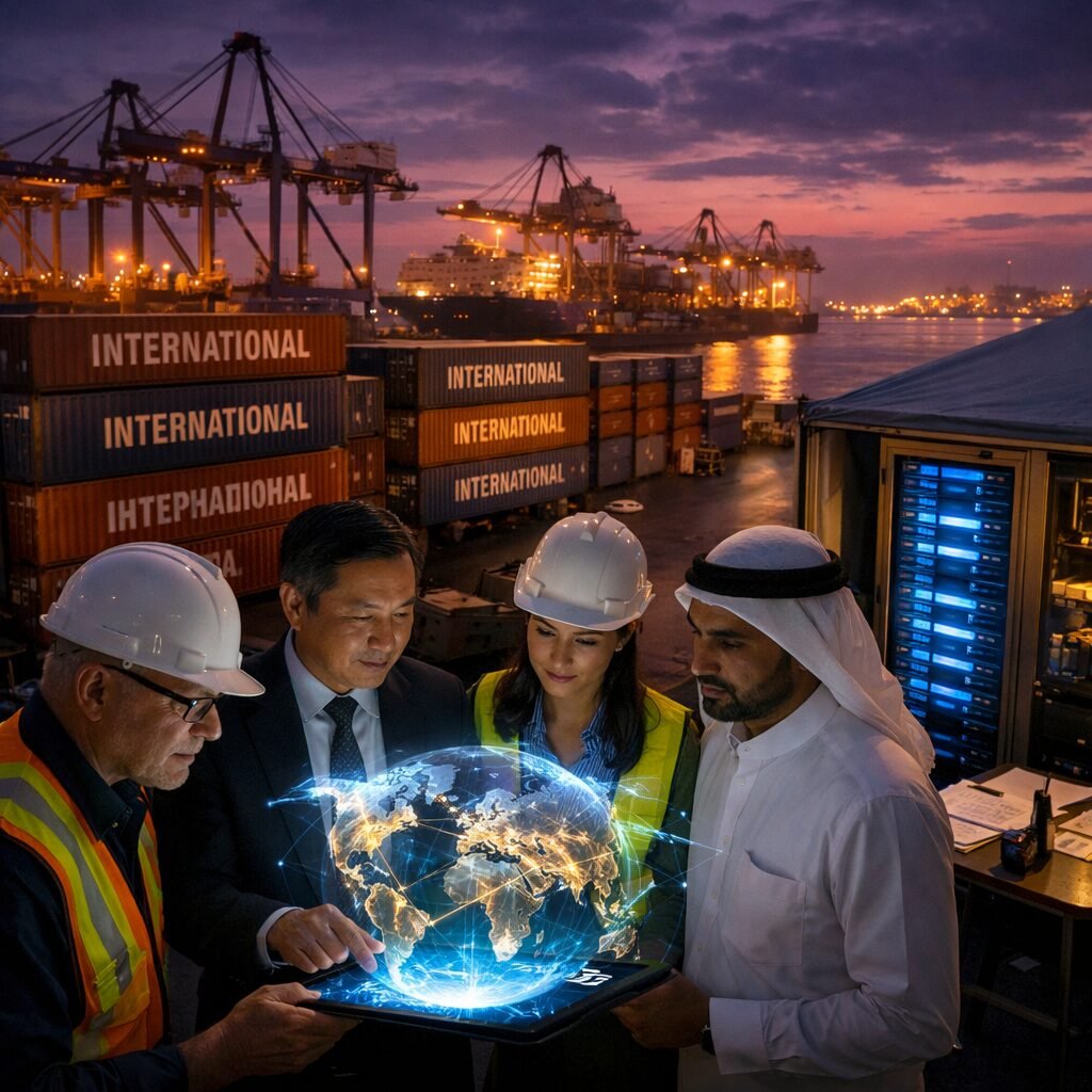 A high-angle photograph of a bustling port at dusk: towering cranes silhouette against an aubergine sky, rows of shipping containers stamped in bold type with the word "INTERNATIONAL" in various languages. In the foreground, a group of managers—diverse in age and nationality—stand over a digital tablet, a projected map of trade routes hovering above it. Nearby, a server rack glows blue inside a temporary logistics hub, hinting at the data flows that now travel with every container. The composition captures the convergence of physical movement, legal paperwork and digital governance that defines the new international economy.