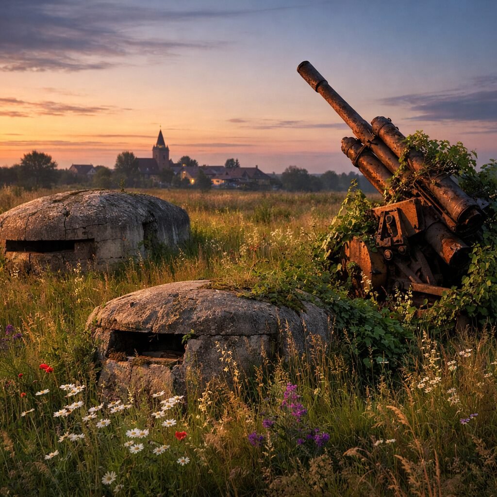 A high‑resolution, realistic photograph at dusk of an overgrown former battlefield: cracked concrete bunkers half‑submerged in tall grasses and wildflowers, a rusting piece of military hardware cropped by ivy, and in the background a small village silhouette beneath a cooling sky. The scene captures both desolation and renewal, with warm golden light on new growth and the weathered textures of human artefacts hinting at the passage from violence to regrowth.