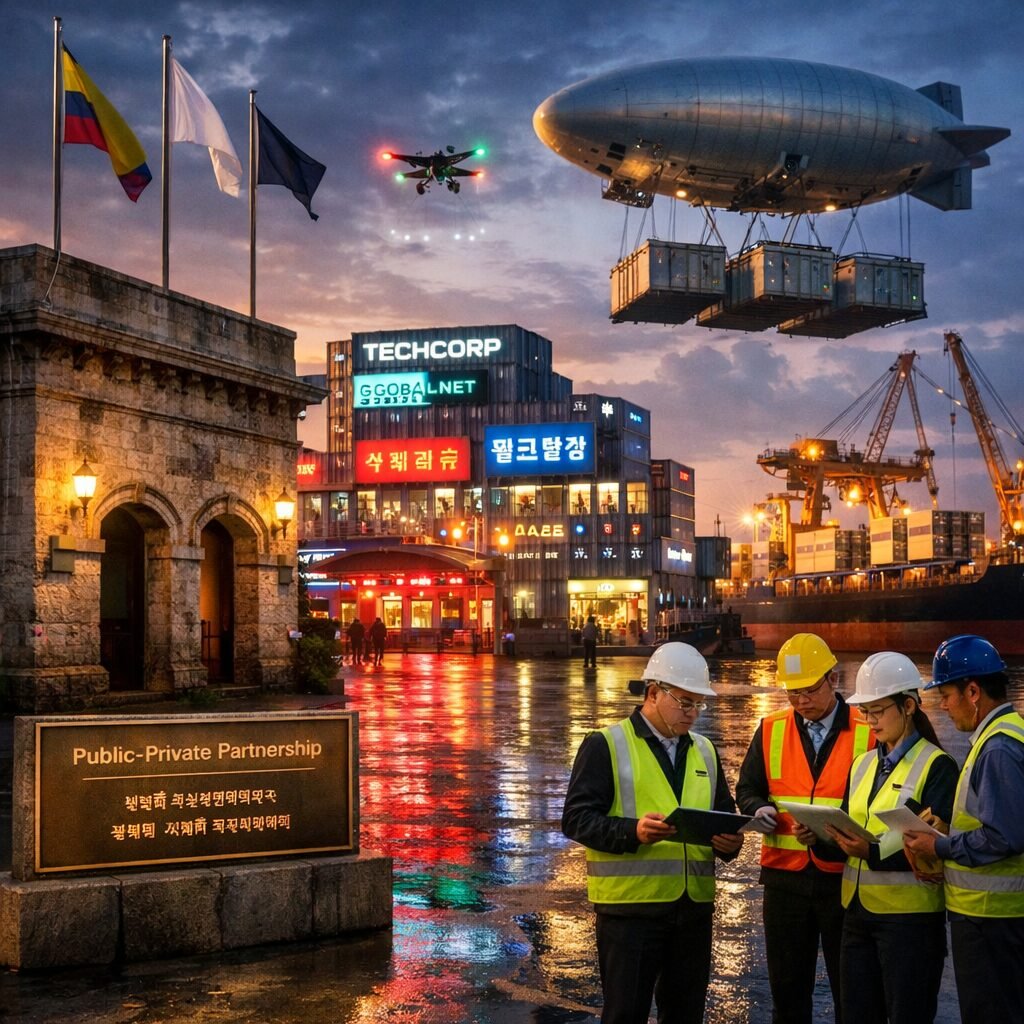 A wide-angle, high-resolution photo taken at dusk of a coastal city where old and new infrastructure meet: a colonial-era port building with salt-stained stone and flagpoles sits in the foreground; behind it, a lit-up data centre with shipping containers converted into server stacks bears corporate logos; cranes are loading modular housing units onto a cargo ship bound for a neighbouring country. In the sky, a drone sprays navigation lights as a slow-moving cargo airship carries prefabricated seawall segments. The scene is glossy yet slightly gritty—wet pavements reflecting neon signs in multiple languages, a small group of officials in reflective vests consulting tablets beside a plaque in two languages marking a private–public partnership. The image conveys the collision of diplomacy, commerce and infrastructure that defines the contemporary international landscape.