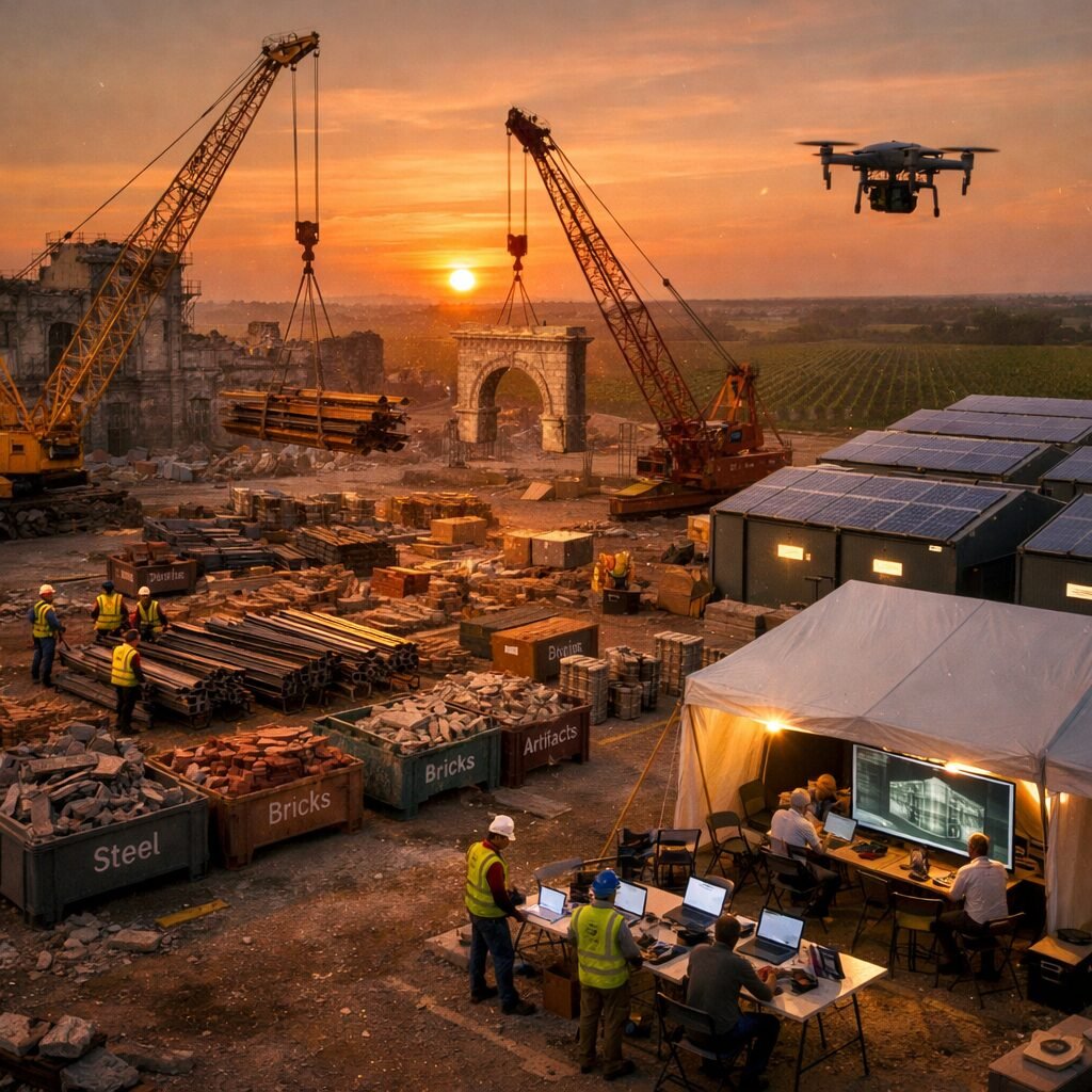 A dusk aerial view of a partially ruined industrial district transforming into a reconstruction hub: cranes lift salvaged steel beside rows of modular warehouses with solar panels; workers in high-visibility gear sort stacks of reclaimed beams and historical fragments into labelled containers; a nearby tented compound hosts engineers around laptops, mapping 3D scans on large screens; in the background, a drone hovers above a vineyard where a repurposed reconnaissance frame now carries an agricultural sensor — all beneath a low, copper sunset that lights dust motes and the gleam of newly polished metal.