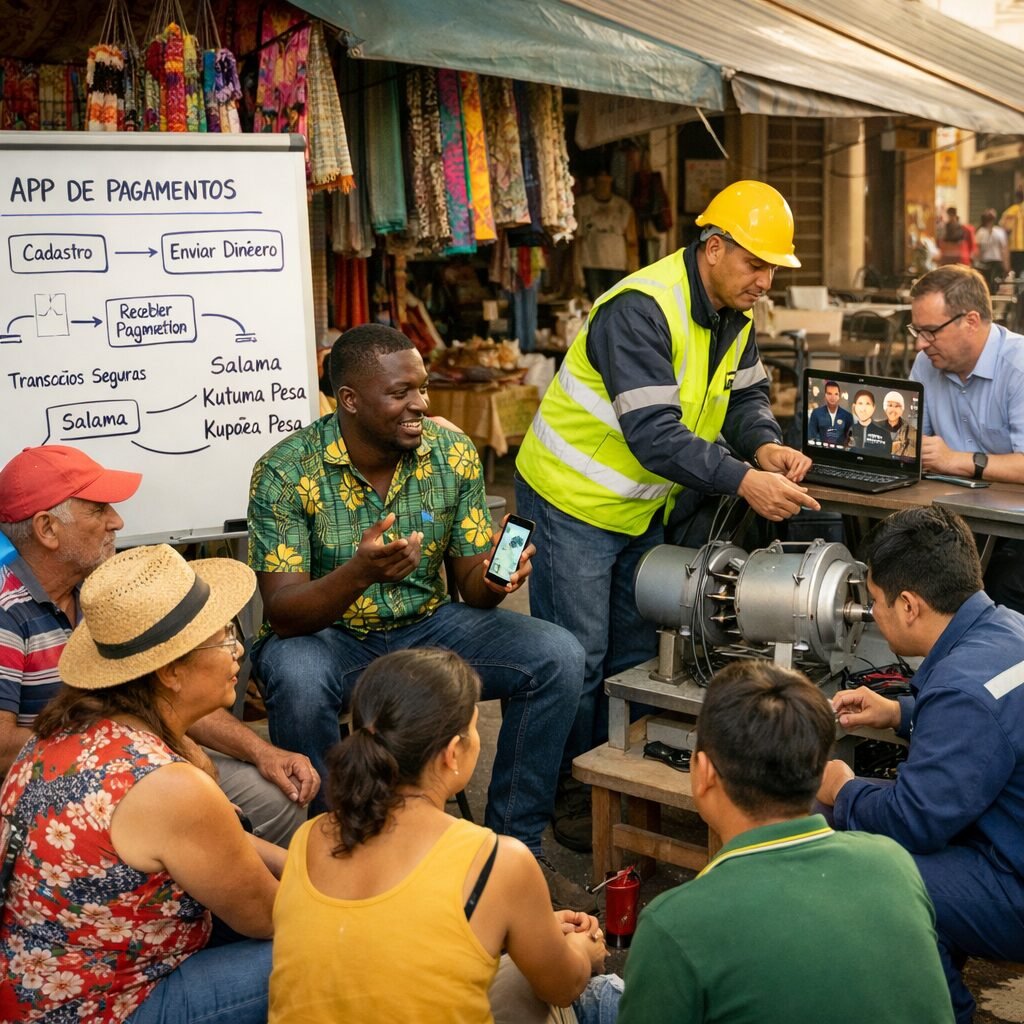 A vibrant street-level photograph of an outdoor community workshop in a multicultural district: a Kenyan fintech developer explaining a mobile payments app to a circle of Brazilian traders under a market awning; a whiteboard showing flow diagrams in Portuguese and Swahili; nearby, an engineer in a high-visibility jacket mentors Vietnamese technicians on a small tidal generator component; in the back, an academic from a UK university on a laptop conducts a remote video call with engineers in Bengaluru. The scene conveys collaboration, multicultural exchange and hands-on skills transfer across three continents, with warm natural lighting and colourful market textiles.