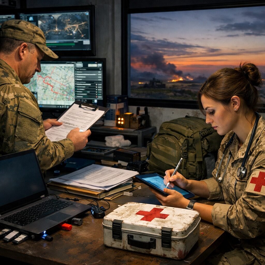 A high-resolution photo: an austere command room lit by screens, a logistics officer consulting paper manifests while a medic charts notes on a tablet; outside the window, a distant horizon at dusk suggests a contested landscape. The scene blends human labour and digital interfaces — clipboards, USB-stuffed laptops, military green rucksacks and a battered first-aid kit — emphasising the administrative, medical and technological layers that sustain conflict.