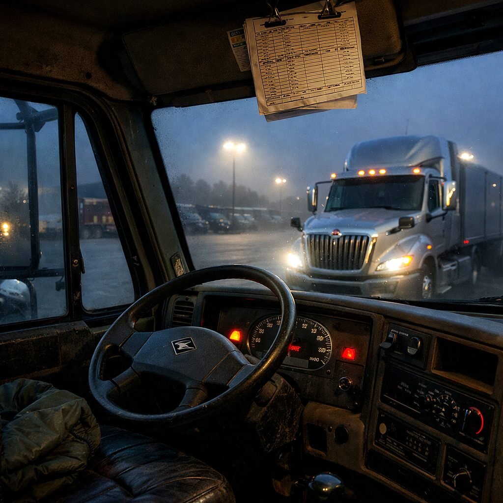 A realistic, high-resolution photo of a tired International cab parked at dawn on a concrete depot apron: cracked leather driver's seat with a folded waterproof jacket, a dashboard with one faded warning light softly glowing, an analogue tachometer showing low idle, and a paper route manifest clipped to the sun visor. Outside the window, a newer International model gleams under yard lights, its modern LED headlamps and integrated telematics antenna contrasting sharply with the older vehicle. The sky is overcast, with early morning fog curling between rows of trucks, emphasising a sense of transition from old to new.