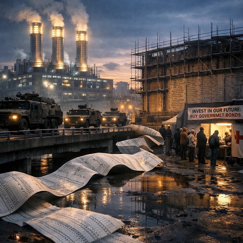 A cinematic, realist photograph: a twilight-tinged cityscape stitched together from contrasting scenes — a concrete military convoy crossing a bridge in the foreground, a retrofitted factory with smoke-stacks converted to gleaming data-centre vents to the left, and a ribbon of ledger paper floating across the composition like a river, its columns of numbers reflecting in puddles. In the background, a memorial wall with names half-obscured by scaffolding for reconstruction; a small group of civilians queue at a makeshift clinic beneath a banner advertising government bonds. The palette is cool steel blues and smoky ambers, with sharp, documentary-style lighting that highlights both machinery and human faces, suggesting the intertwined machinery of war, finance and rebuilding.