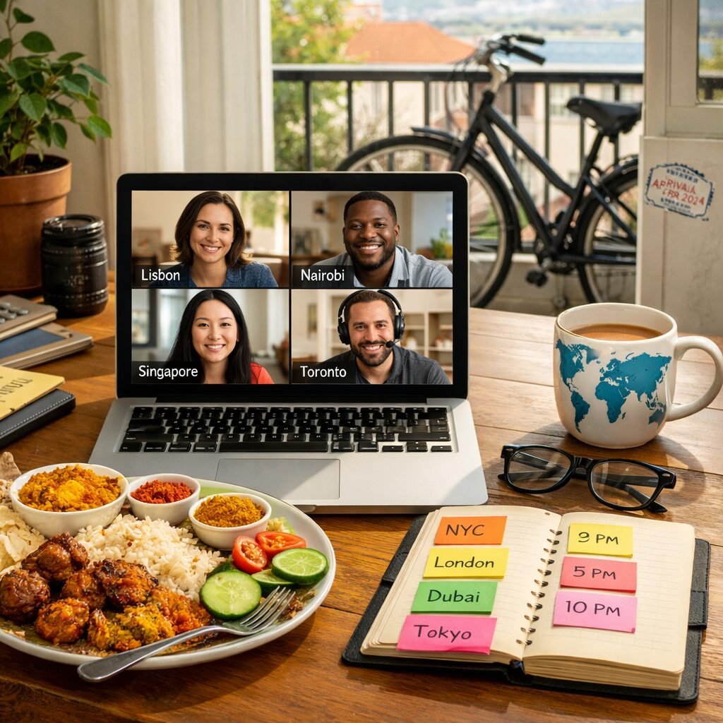 A sunlit home office scene at mid-morning: a laptop open to a video call grid showing participants whose name tags display city labels (Lisbon, Nairobi, Singapore, Toronto). Beside the laptop sits a half-prepared meal combining spices and ingredients from different continents, a small notebook with timezones colour-coded in sticky notes, and a mug with a world map. Through the window, a bicycle leans against a balcony painted with a small sticker of a passport stamp. The overall mood is calm, efficient and cosmopolitan—everyday life seamlessly threaded with international elements.