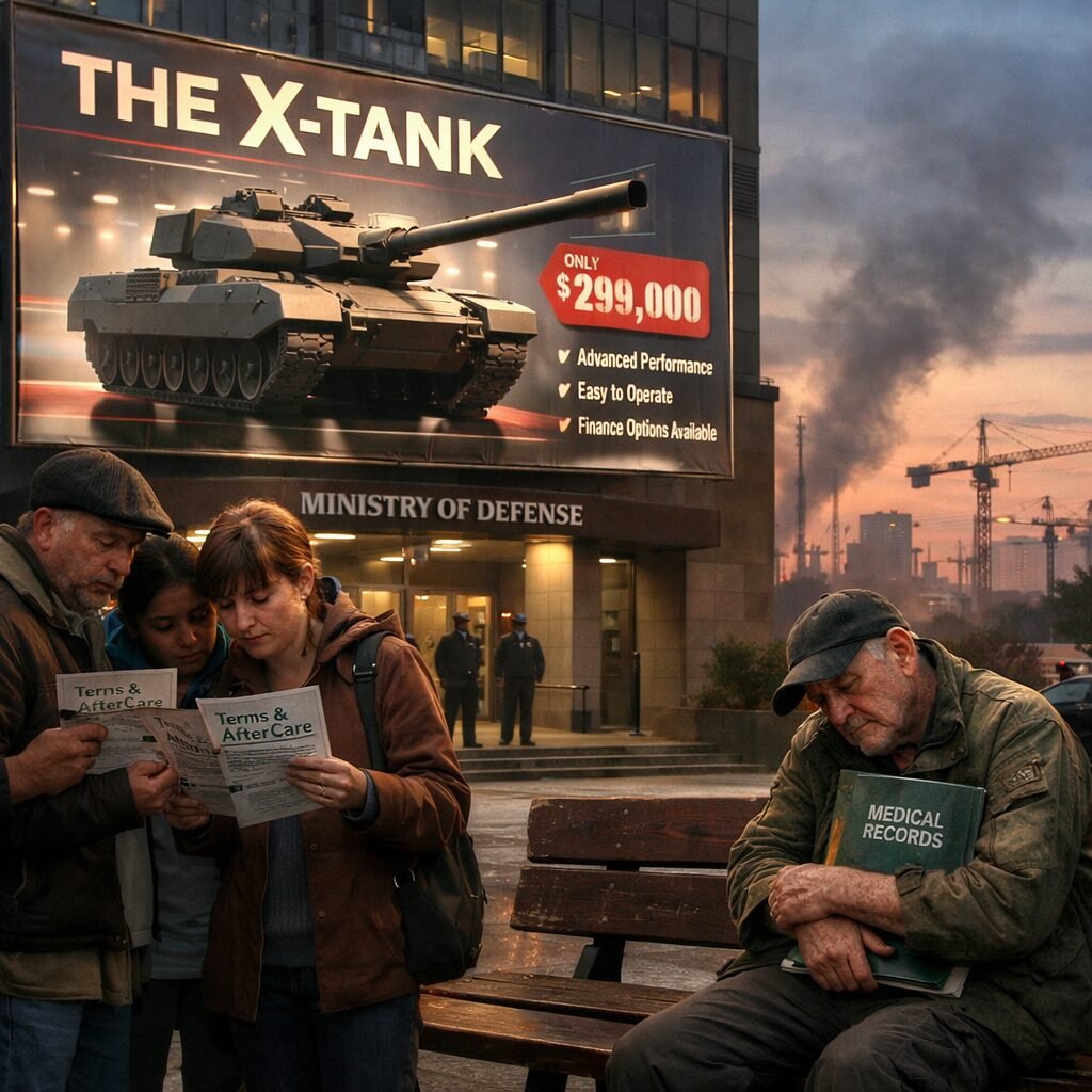 A stark, photo-realistic scene outside a government ministry at dusk: a glossy showroom-style billboard depicting a stylised tank as a consumer product, complete with price tag and bullet-point benefits. In the foreground, a diverse group of citizens consults a stack of worn pamphlets labelled 'Terms & Aftercare', while a weary veteran in civilian clothes sits on a bench clutching a medical file. Smoke smudges the skyline and distant cranes suggest reconstruction, juxtaposing the sales gloss with the messy reality.