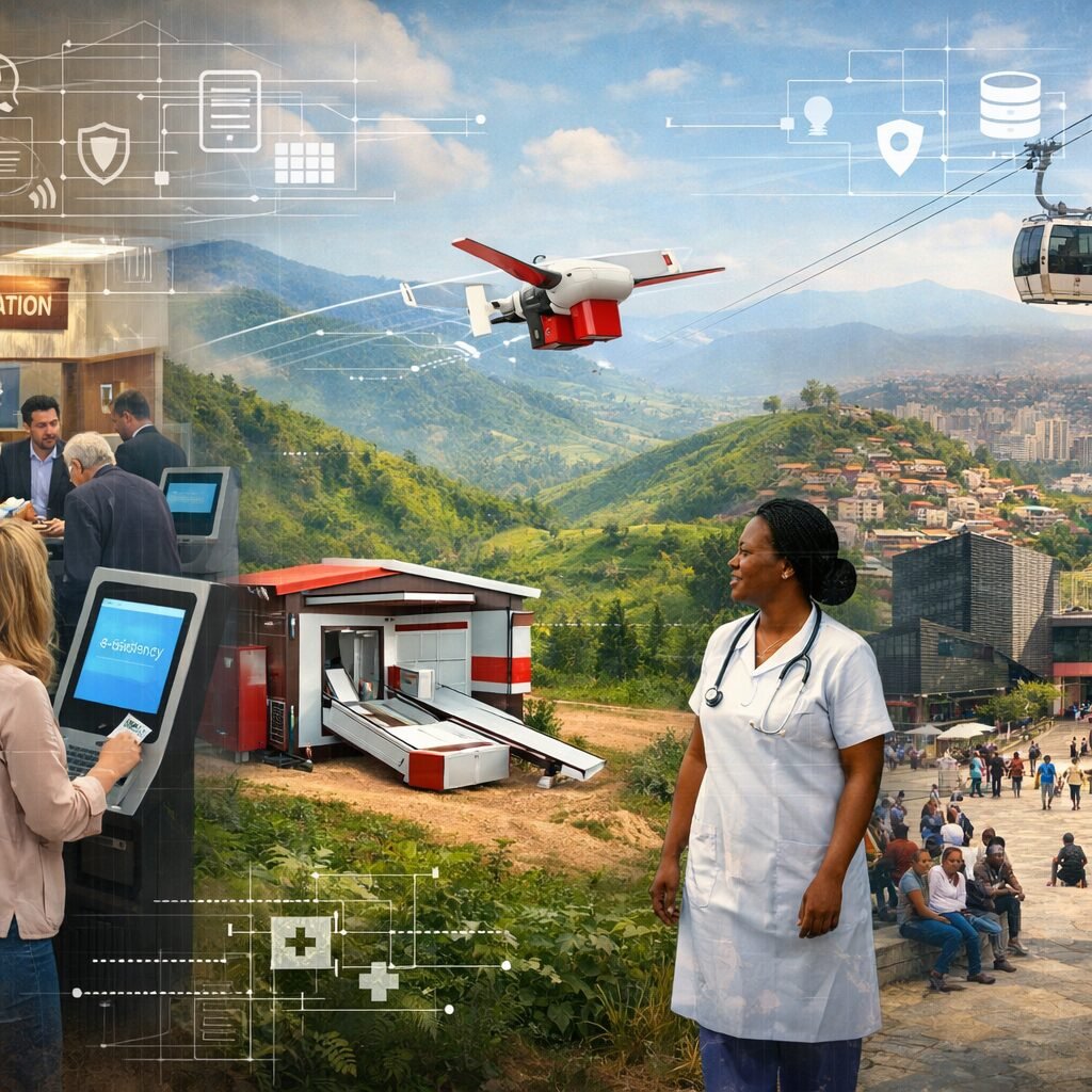 A panoramic image showing three juxtaposed scenes fading into one another: on the left, a busy Estonian municipal office with people registering for e‑Residency on kiosks; centre, a Zipline drone taking off from a compact launch hub over lush Rwandan hills with a nurse waiting beside a clinic; right, a Medellín hillside neighbourhood connected to the city centre by a cable car, with new libraries and public plazas full of people. The palette is vibrant, capturing both technology and human interaction, with subtle overlays of schematic diagrams indicating regulatory frameworks and data flows linking the scenes.
