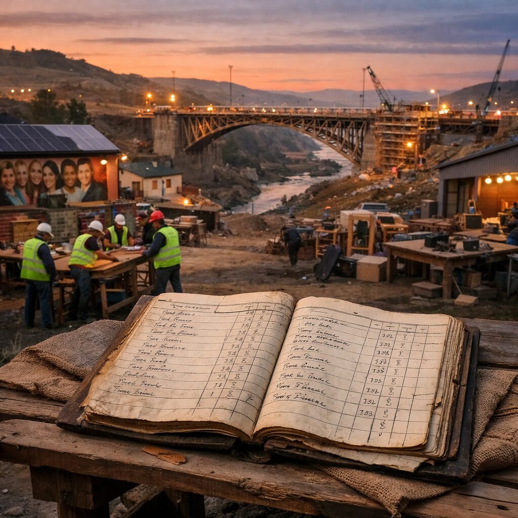 A dusk-lit photograph of a former battleground transformed into a reconstruction site: a half-repaired railway bridge stretching across a scarred river valley, scaffolding and solar panels glinting beside repaired houses; a community centre bearing a mural of diverse faces where troops once camped; ex-combatants in high-visibility vests learning carpentry next to a repurposed naval yard now hosting workshops. In the foreground, a cracked ledger lies open on a makeshift table, pages filled with audited columns and names — a visual metaphor for the transactional choice to convert violence into durable civic and economic assets.