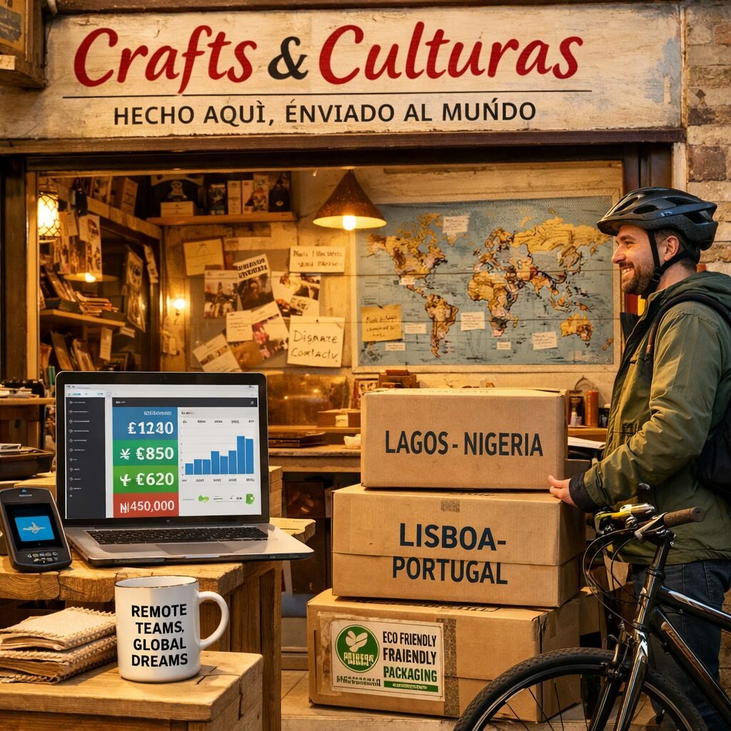 A realistic street-level scene showing a small artisan workshop in a UK market town with global touches: a hand-painted sign in English and Spanish, a laptop open to an e-commerce dashboard displaying multi-currency sales, parcels labelled for Lagos and Lisbon stacked beside a bicycle courier, and a map on the wall adorned with pinned diaspora contacts and handwritten market notes. The light is warm, conveying craft and ambition; details include a fintech card reader, a reusable packaging label marked with an eco-certification badge, and a mug with a slogan about remote teams — visual cues that small, local businesses are operating with global reach.