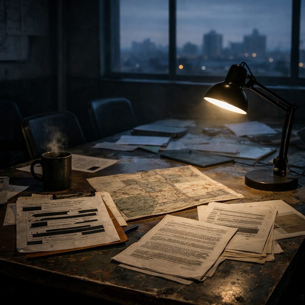A stark, realistic photograph of a deserted military planning room at dawn: a long table scattered with weathered maps, printed intelligence briefs with redacted sections, a lone steaming mug, and a single desk lamp casting a narrow pool of light. Outside the window, a grey urban skyline suggests civilian life continues uncaringly beyond the building. The image conveys uncertainty, incomplete information and the human weariness behind hurried decisions.