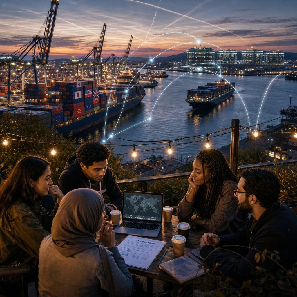 A hyper-realistic, wide-angle photograph of a bustling port at dusk seen from above: cranes like skeletal hands lifting containers stamped with half a dozen national flags, a ring of illuminated data centres in the distance, a cargo ship en route beneath a sky streaked with contrails. In the foreground, a café terrace where a diverse group of people share a laptop, a hand-written visa form and a paper cup of coffee — a microcosm of global flows. Subtle visual overlays trace invisible links between the café, the data centres and the ship with faint glowing lines, suggesting standards, cables and agreements knitting them together.