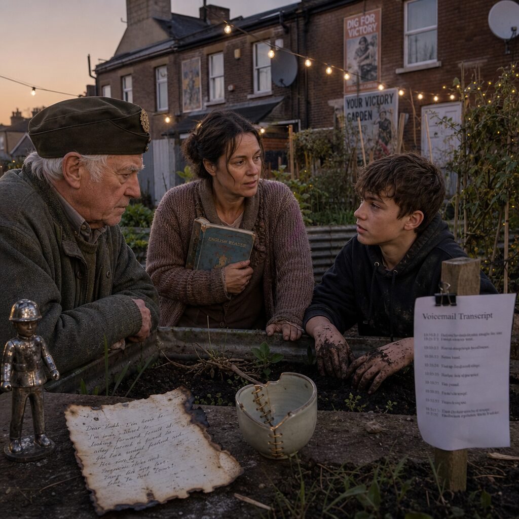 A dusk scene in a small urban garden: a weathered allotment plot bordered by corrugated metal and new brickwork, where three people—an elderly man with a military cap, a woman in her thirties holding a child's threadbare schoolbook, and a teenager with soil-stained hands—pause together around a raised bed. Scattered nearby are salvaged objects: a dented tin soldier, a charred page of a letter, and a cracked ceramic cup being mended with visible stitches. In the background, a row of terraced houses bears faded wartime posters beside new satellite dishes, and strings of warm fairy lights stretch overhead, signalling a fragile, human-scale reclaiming of space. The light is soft, emphasising texture: the roughness of repaired fabric, the gloss of wet soil, the translucence of the preserved voicemail transcript printed out and clipped to a wooden stake in the soil.