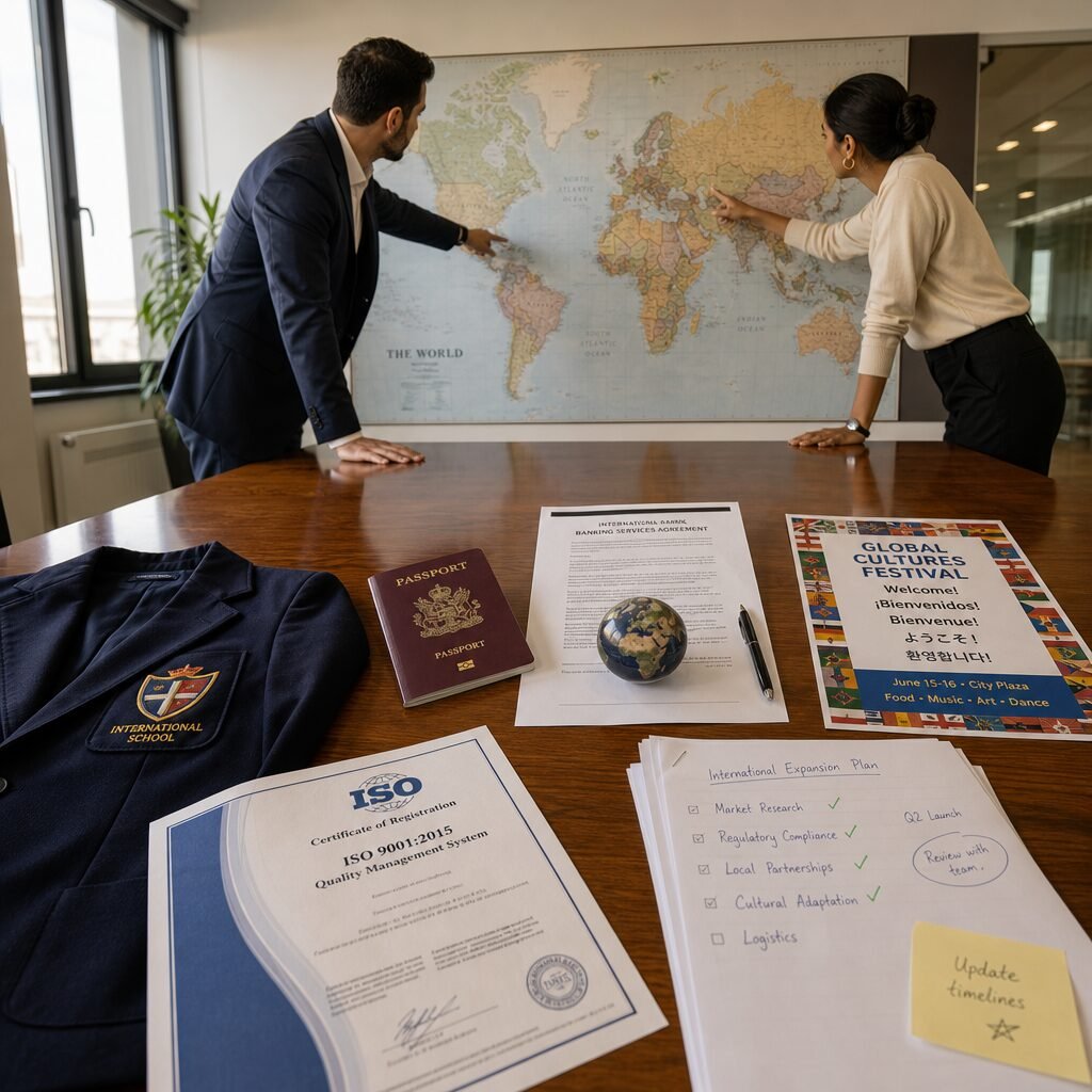 A richly detailed photo of a light-filled meeting room with a world map mural on the far wall. On the polished wooden table lie five distinct objects representing different kinds of 'International': a school blazer with an embroidered crest, a stamped passport, a banker’s contract with a small globe paperweight, a festival poster with multilingual text, and a set of ISO certificates. Two people—one in business attire, one in smart-casual—lean over the table pointing at the map, suggesting collaboration and decision-making across borders. Natural light through large windows highlights diverse skin tones and a stack of documents scribbled with notes and checkmarks.