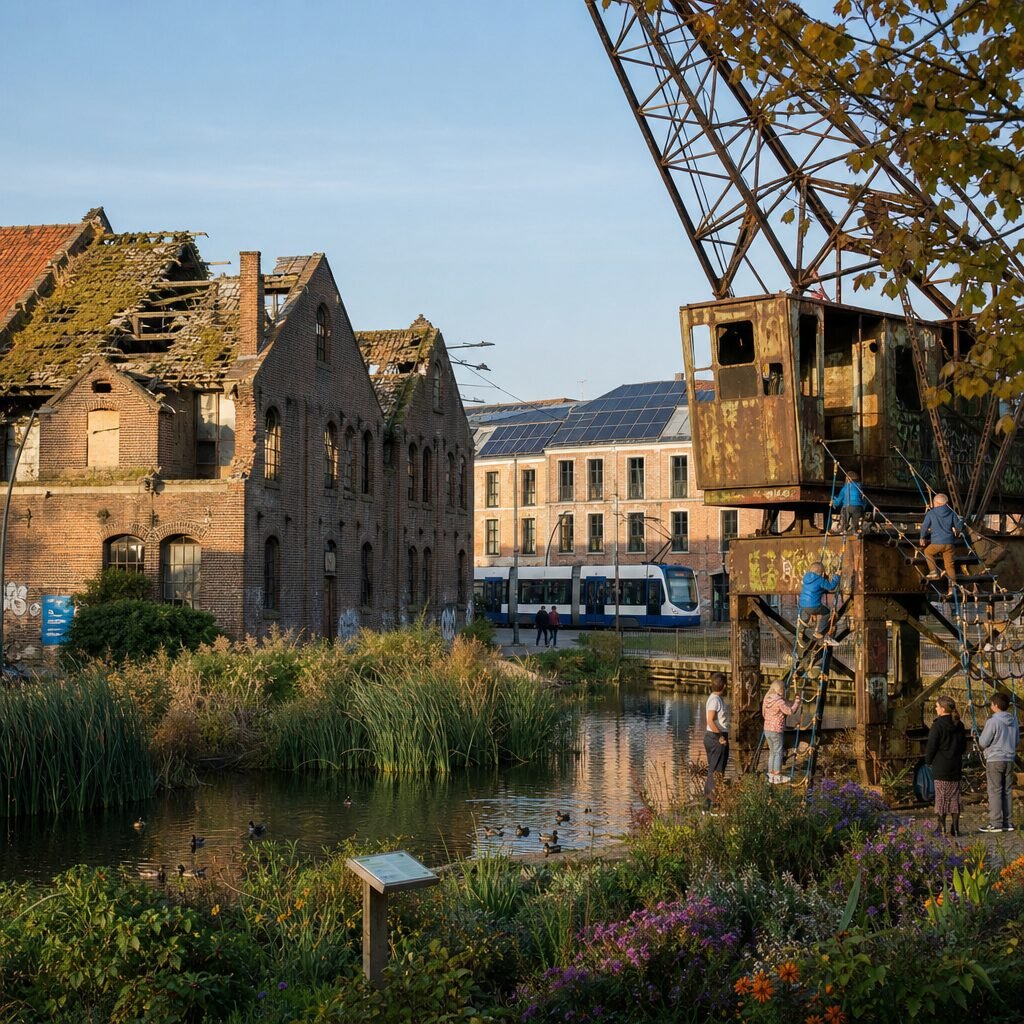 A stark, high-resolution photograph of a once-bustling industrial riverside in autumn light: half-ruined brick warehouses with moss-swept roofs, a narrow canal now populated by reeds and a family of ducks, and in the foreground a rusting crane repurposed as a climbing frame for children. In the background, a modern tramline threads past restored facades, solar panels on some roofs and a community garden bursting with late-season flowers — a visual testament to urban renewal and nature reclaiming spaces shaped by conflict.