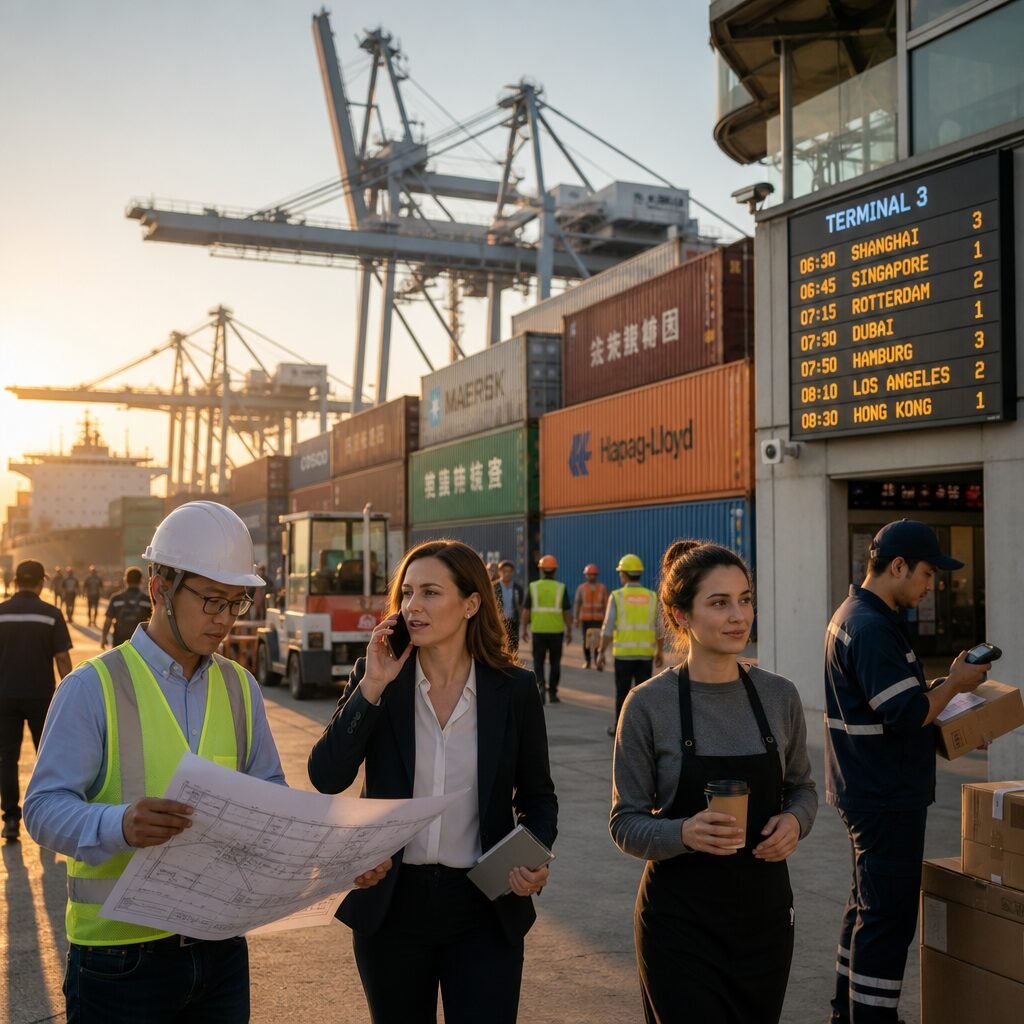 A panoramic, sunlit scene of a bustling port at dawn: cranes silhouetted against a pale sky, containers stacked in multicoloured rows labelled in different languages, a digital timetable glowing on a terminal wall, a courier scanning a parcel with a hand-held device. In the foreground, a diverse group of workers—an engineer reviewing a technical drawing, a logistics manager on a phone call, and a barista carrying a takeaway cup—illustrates the chain from global systems to everyday life. The image conveys movement, coordination and the quiet infrastructure that connects distant places into a single, functioning routine.
