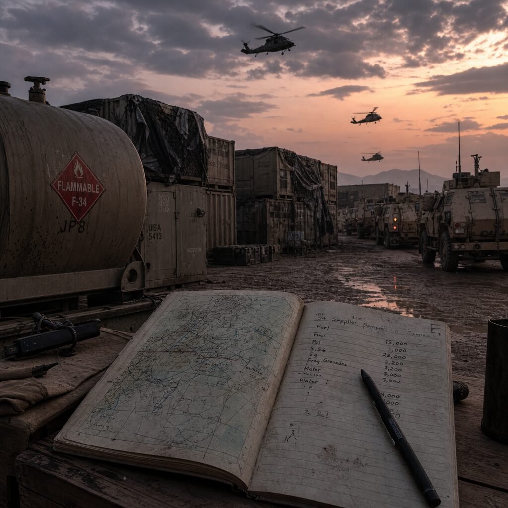 A dusk-lit photograph of a military logistics depot on the edge of a warzone: rows of packed shipping containers, some tarpaulins torn by wind, a half-empty fuel blivet with a faded hazard symbol, and a convoy of armoured trucks queued along a mud-splattered track. In the foreground, a notebook lies open on a wooden crate with a smudged map and handwritten supply counts; in the background, silhouetted helicopters circle against a bruised sky. The scene is gritty and lived-in, emphasising logistics over combat and the human paperwork that underpins warfare.
