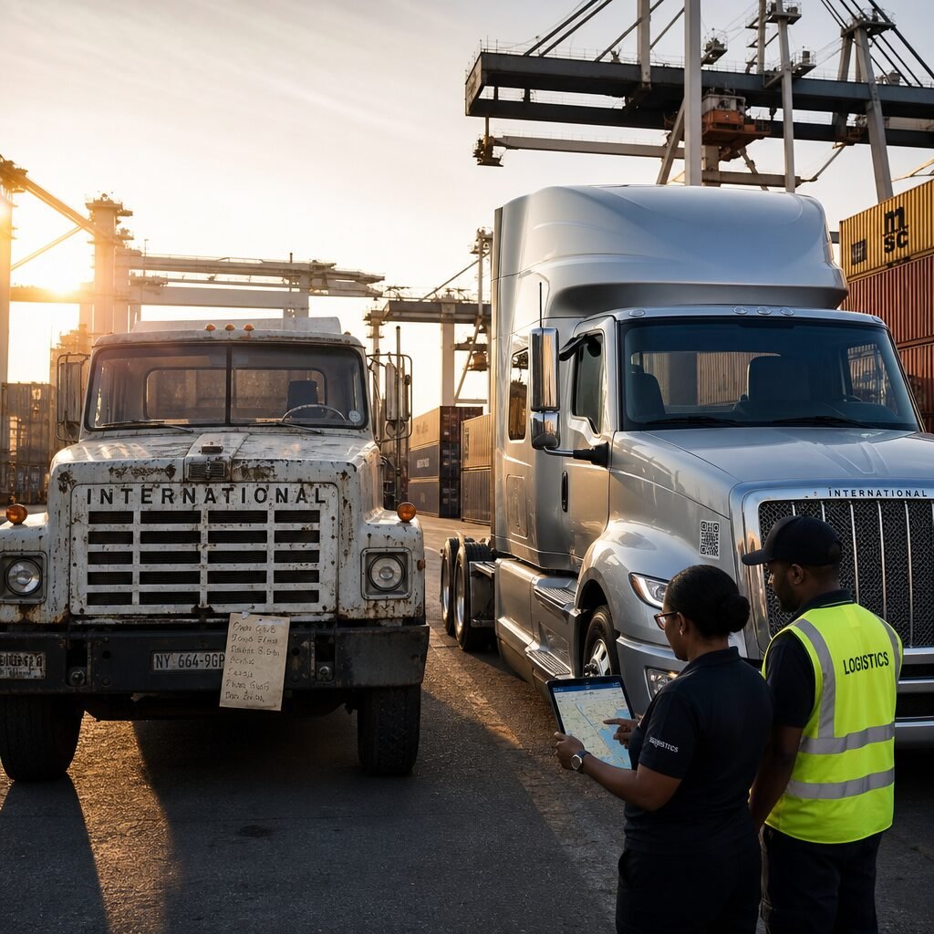 A high‑resolution photo of a dawn scene at a busy international logistics yard: an ageing International truck with faded livery parked beside a gleaming new model, cranes and containers stacked in the background, and logistics staff consulting a tablet showing live tracking maps. Early‑morning light casts long shadows, emphasising contrast between worn metal and polished surfaces; small details include a handwritten maintenance tag fluttering on the old vehicle and a QR code sticker on the new one, symbolising the shift from manual fixes to connected systems.