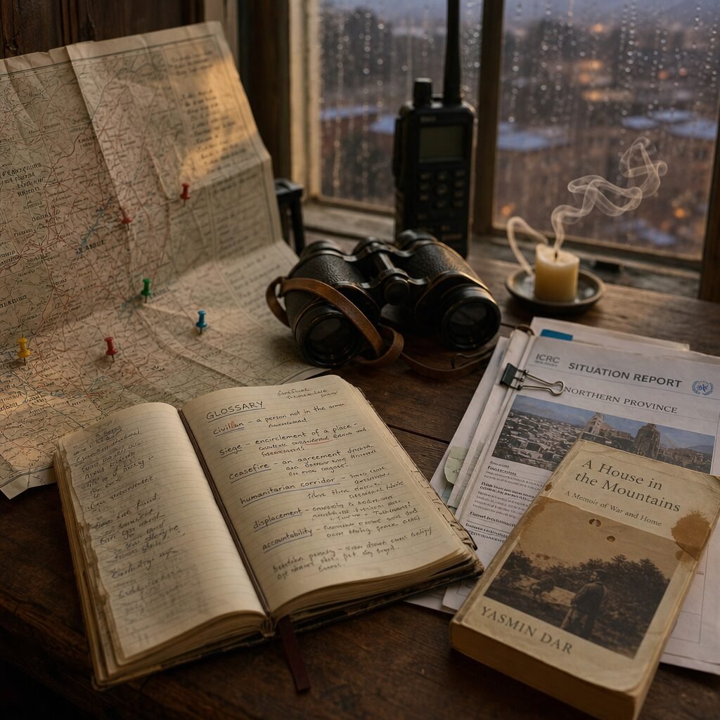 A wide, colour photograph taken at golden hour showing a cluttered wooden table by a rain-streaked window. On the table: a folded, creased map with handwritten notes and coloured pins marking towns; a battered field notebook open to a glossary page with terms like 'civilian', 'siege' and 'ceasefire' underlined; a pair of binoculars with worn leather straps; a small stack of NGO situation reports and a paperback memoir with a coffee stain on the corner. In the background, out of focus, a radio handset and a candle that has just been snuffed, leaving a trail of smoke. The scene suggests preparation, careworn attention and the human scale behind distant headlines.