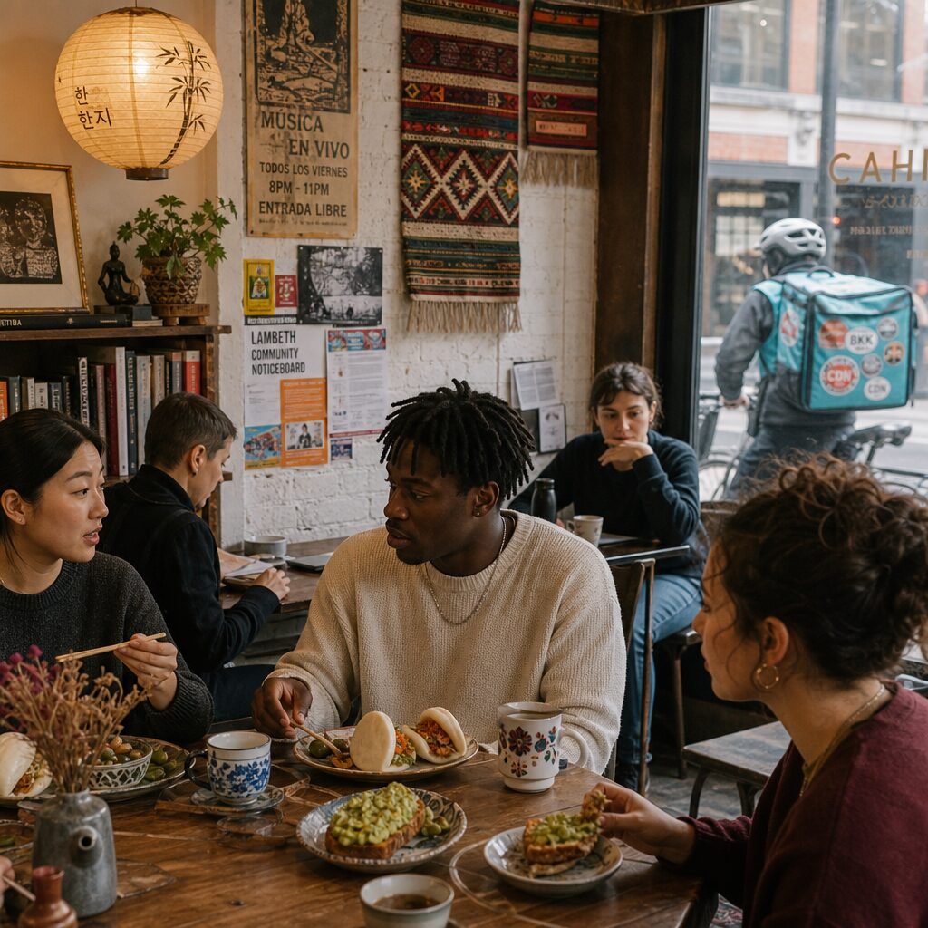 A sunlit urban café interior where a small group of people from different backgrounds sit at communal tables. The walls are decorated with a collage: a Korean hanji paper lamp, a faded poster in Spanish, handwoven West African textiles and a local council noticeboard. On the tables are mismatched ceramics — a Japanese tea cup, a porcelain mug with Eastern European motifs — and plates of hybrid food: bao buns served with Mediterranean olives, a Scandinavian rye loaf topped with smashed avocado and harissa. Through the window, bicycle delivery riders pass by with insulated boxes bearing stickers from three continents. The scene captures the tactile, everyday stitching together of international influences into a single, familiar space.
