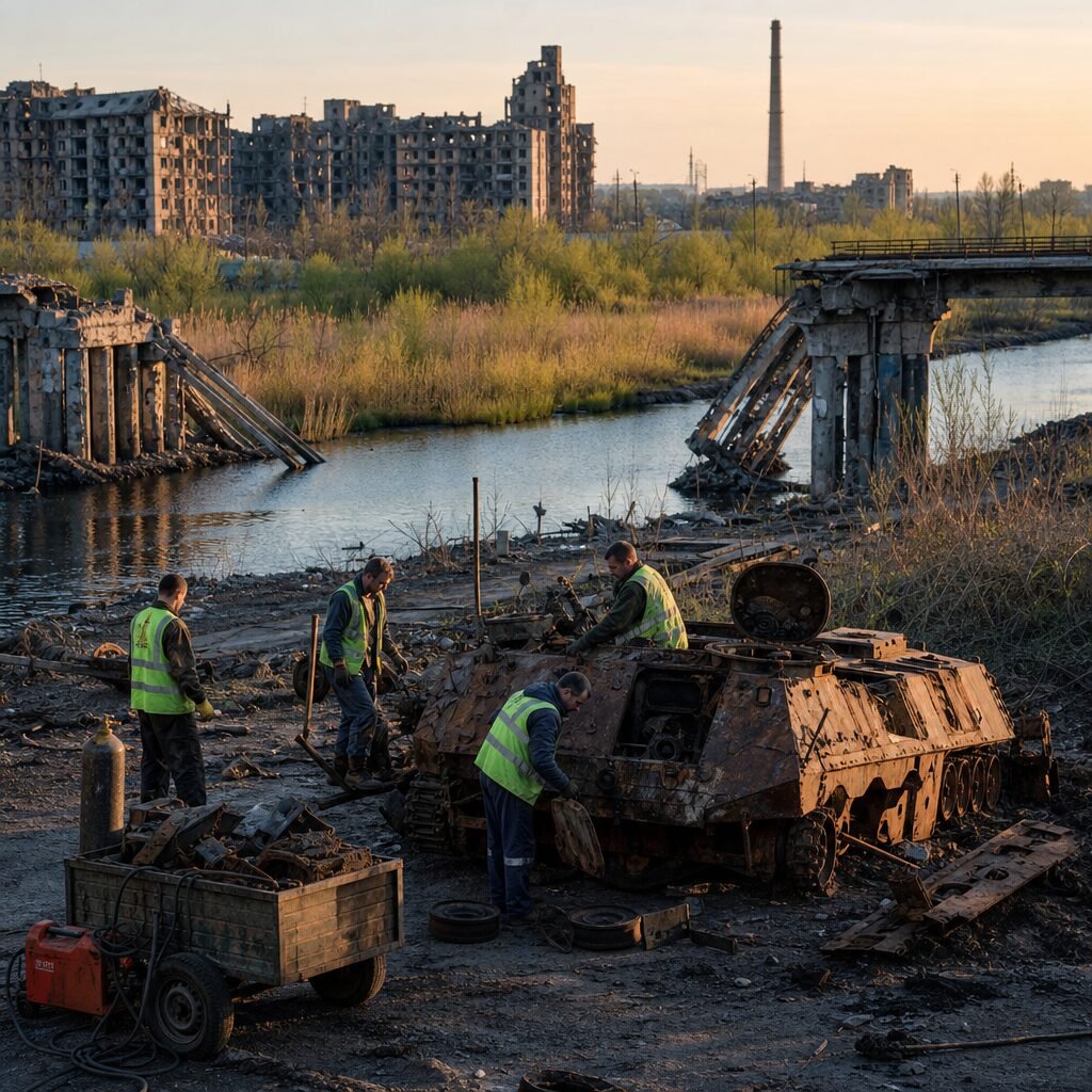 A wide-angle, late-afternoon photograph of a former industrial town scarred by conflict: crumbling apartment blocks and a collapsed bridge frame a river whose banks show blackened scars. In the foreground, a small group of locals in high-visibility vests carefully dismantle a rusting armoured vehicle for metal; clouds of dust catch the golden light. Beyond them, a strip of green—young trees and reedbeds—has begun to re-establish on a disused floodplain, while a distant smokestack hazes the skyline. The scene captures contrast: devastation and human salvage, contamination and tentative regrowth, embodying the complex environmental afterlife of war.