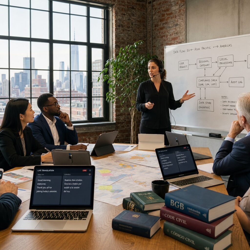 A high‑resolution photo of a light‑filled conference room in a converted industrial building: a diverse group of professionals clustered around a large oak table strewn with annotated maps, laptop screens showing simultaneous translation software, stacked legal texts in different languages and a whiteboard mapping data flows between regions. In the foreground a woman in a headset gestures as she explains a flowchart; in the background a city skyline is visible through floor‑to‑ceiling windows, hinting at global connections grounded in local practice.
