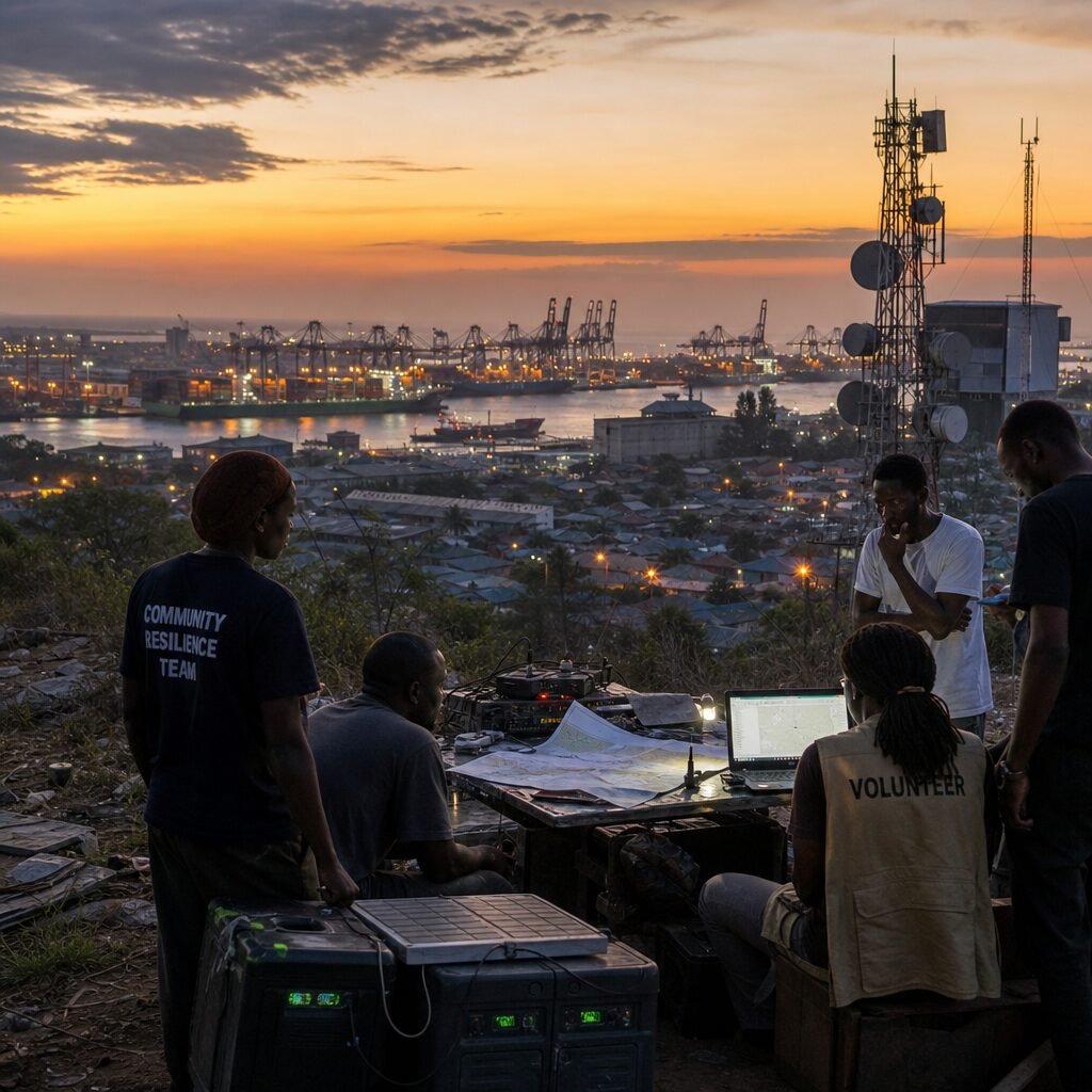 A dusk panorama of a port city seen from a low hill: container cranes silhouette against a copper sky, cargo ships moored at piers, and a cluster of communication masts bearing satellite dishes. In the foreground, a group of local volunteers gather around solar‑charged battery packs and a makeshift radio table, maps spread out and a laptop glowing. The scene blends industrial logistics, digital infrastructure and community resilience — visualising the overlapping terrains of contemporary conflict.