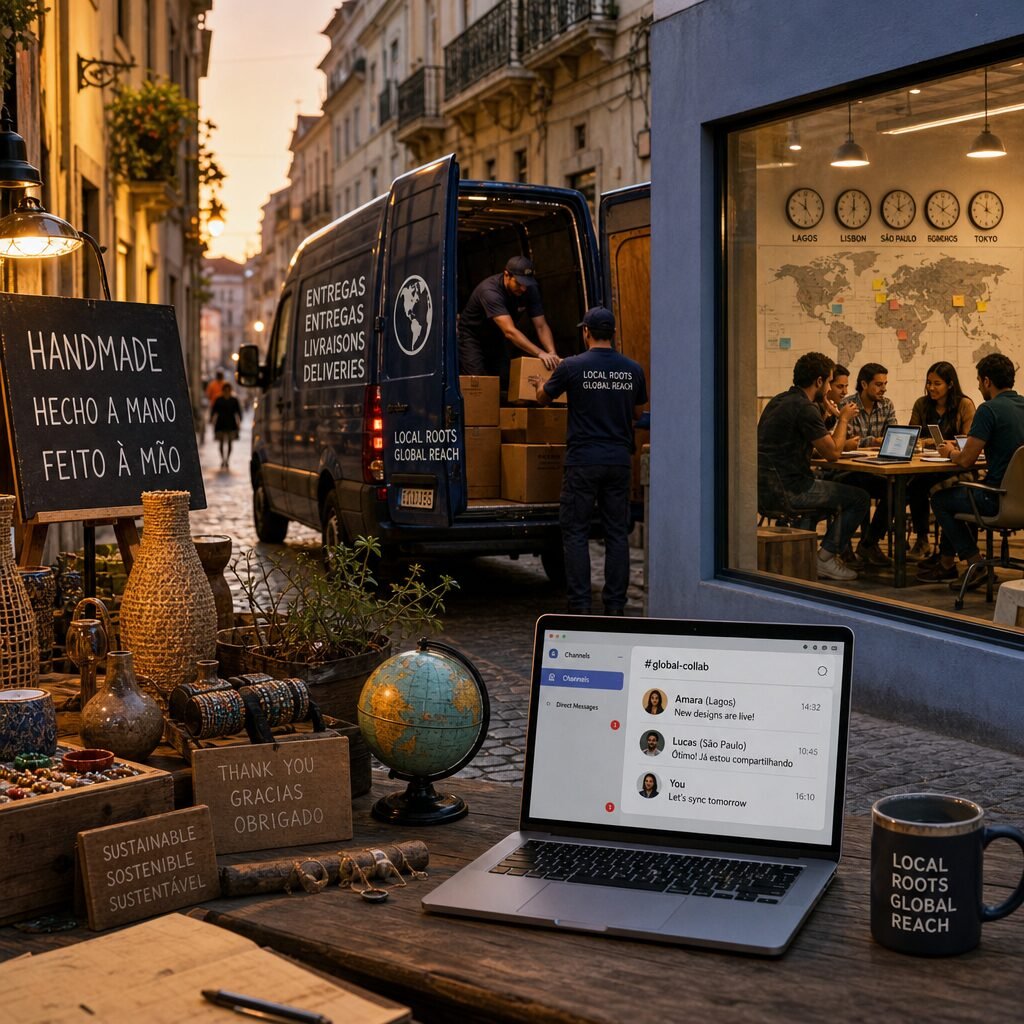 A vibrant composite street scene at golden hour: in the foreground, a small artisan stall on a cobbled European lane displays handmade goods labelled in three languages; nearby, a laptop shows a messaging app with notifications from collaborators in Lagos and São Paulo. In the midground, a courier van with multilingual branding loads packages; in the background, a window reveals a co‑working loft where a diverse team maps time zones on a wall calendar. The palette mixes warm ambers and cool blues, evoking motion and interconnectedness — a visual metaphor for micro‑networks and cross‑border commerce.