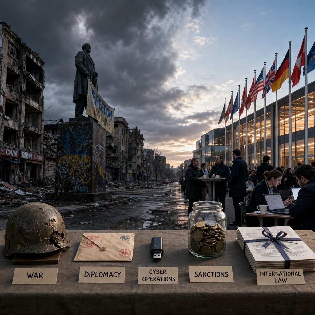 A panoramic scene at dusk: on the left, a deserted city street scarred by shelling—cracked asphalt, shattered shopfronts, a graffiti-covered statue with a cloth banner fluttering. On the right, a bustling diplomatic compound with staffers in coats huddled over coffee, laptops glowing, and a row of flags from different nations. Between them, a marketplace table lined with labelled objects as metaphors: a battered helmet for war, a stamped envelope for diplomacy, a USB drive for cyber operations, a jar of coins for sanctions, legal documents bound with a ribbon. The sky above is split—stormy over the ruined quarter, clearing to pale blue above the diplomats—evoking choice, consequence and competing strategies.