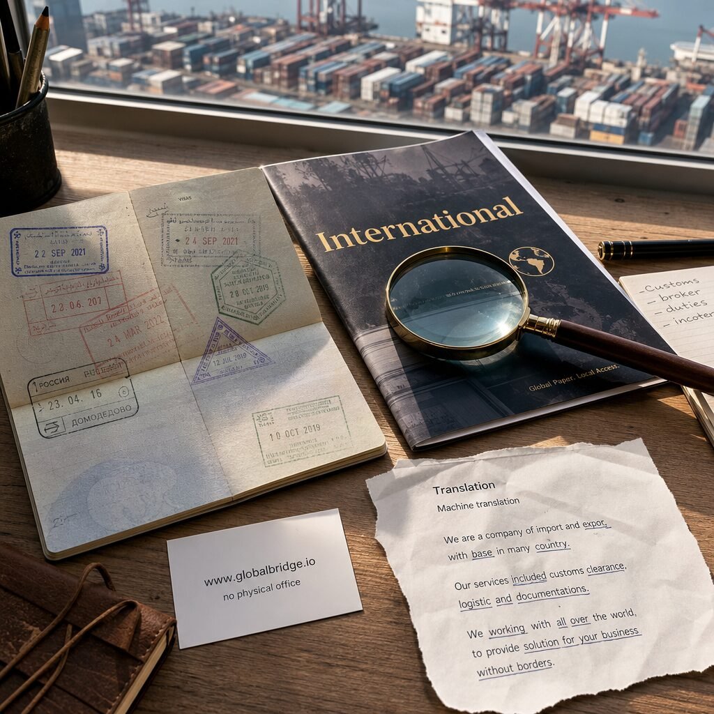 A high-resolution photograph of a cluttered traveler's desk photographed from above: a passport stamped with multiple entry visas, a glossy brochure with the word 'International' in gold foil, a business card printed only with a web address and no physical office, and a torn translation sheet with visible machine-translation errors. Sunlight slants across the desk from a window overlooking a shipping container yard with cranes in the distance, suggesting global trade. The scene juxtaposes polished branding and gritty provenance, with a magnifying glass placed over the brochure to imply scrutiny.