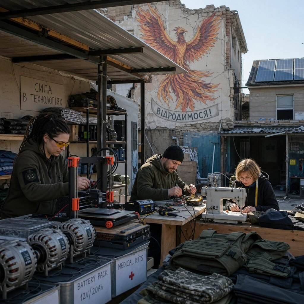 A realistic, high-resolution photograph capturing a daytime street workshop in a partially rebuilt urban neighbourhood. In the foreground, a small team of entrepreneurs — a woman operating a 3D printer, a man soldering circuitry at a makeshift bench, and a tailor stitching protective garments — collaborate under a corrugated steel awning. Around them are shelves of repurposed materials: car alternators converted into battery packs, stacks of ballistic-grade fabric, and labelled boxes containing medical kits. In the background, a mural on a damaged building depicts a phoenix rising, while solar panels glint on an adjacent rooftop. The scene conveys industriousness, resilience and the hybrid mix of urgency and ingenuity that defines wartime entrepreneurship.