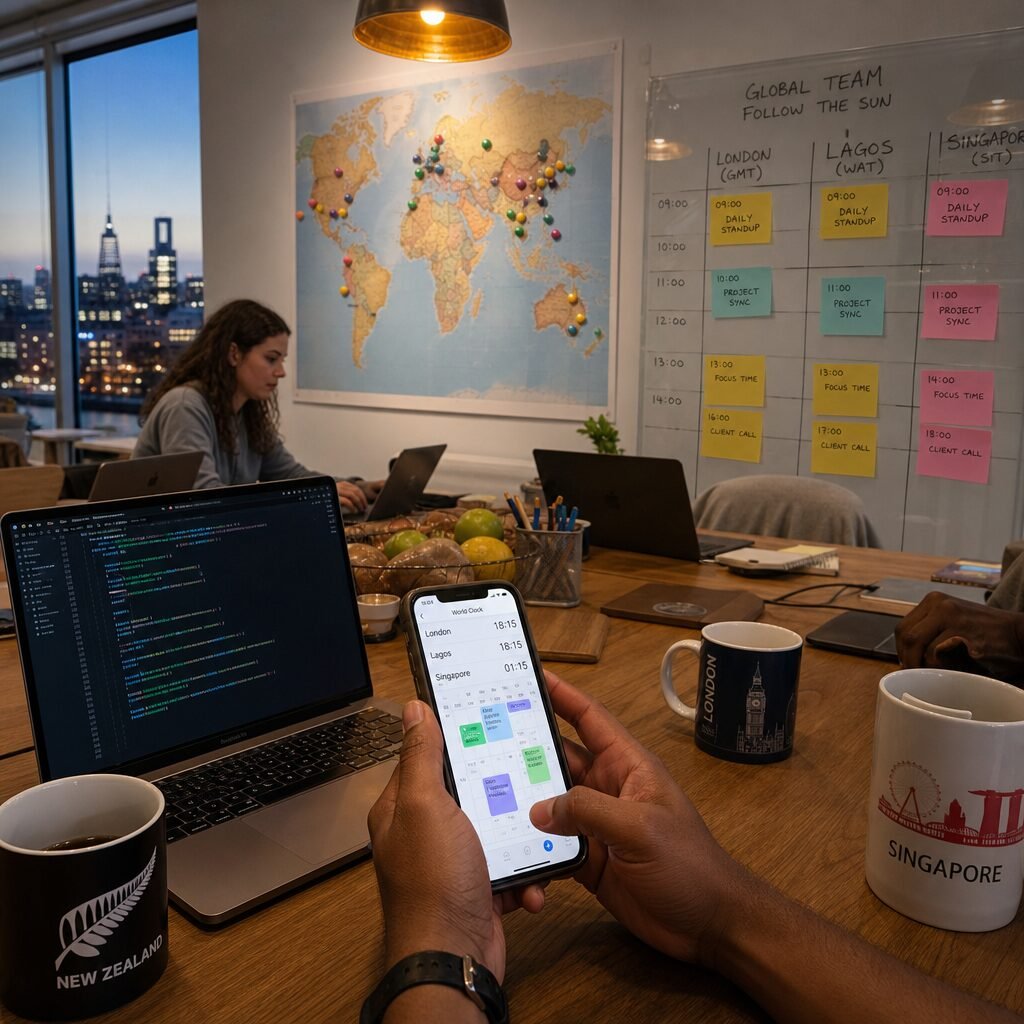 A high-resolution, natural-light photo of a modern co-working kitchen at dusk: a long wooden table strewn with laptops open to different languages and time-zone widgets, a world map on the wall marked with coloured pins, coffee cups from multiple continents, and a translucent sticky note board showing staggered schedules. Through the window, city lights hint at multiple timezones; in the foreground, a person scrolls a calendar app on a smartphone displaying overlapping work hours from London, Lagos and Singapore.