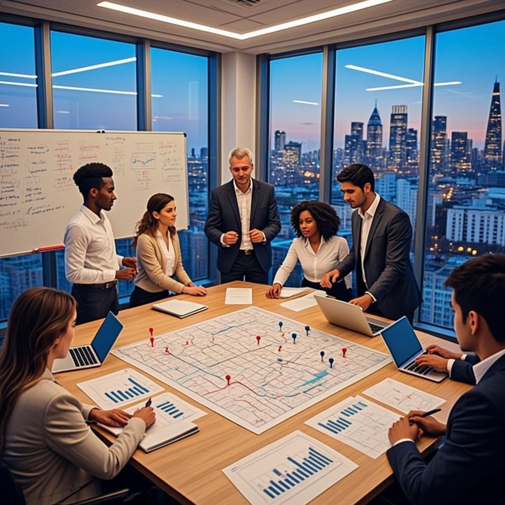 A dimly lit corporate war room in a high-rise London office building, viewed from a slightly elevated angle. The room features a large central table covered with strategic maps, market analysis documents, and red and blue markers representing competing forces. Floor-to-ceiling glass windows reveal the City of London skyline at dusk, with lights beginning to twinkle. Whiteboards lining the walls are covered with competitive intelligence, arrows showing market movements, and scenario planning diagrams. A diverse group of business professionals in smart casual attire stand around the table in animated discussion, some gesturing at the maps whilst others study laptops. The atmosphere is intense but focused—more chess match than battlefield. Warm overhead lighting creates a golden glow against the blue twilight beyond the windows.