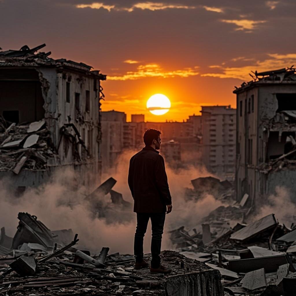 A lone figure stands at the precipice of a bombed-out building, silhouetted against a burnt orange sunset. Dust particles float in the golden light like suspended memories. The person's posture is ambiguous—neither fleeing nor advancing, but frozen in a moment of terrible fascination. Below, the shattered cityscape stretches into haze, a landscape of destruction rendered almost beautiful by the dying light. On the figure's face, barely visible in profile, is an expression that defies simple categorisation: not horror, not joy, but something closer to recognition—the look of someone encountering a part of themselves they cannot quite name.