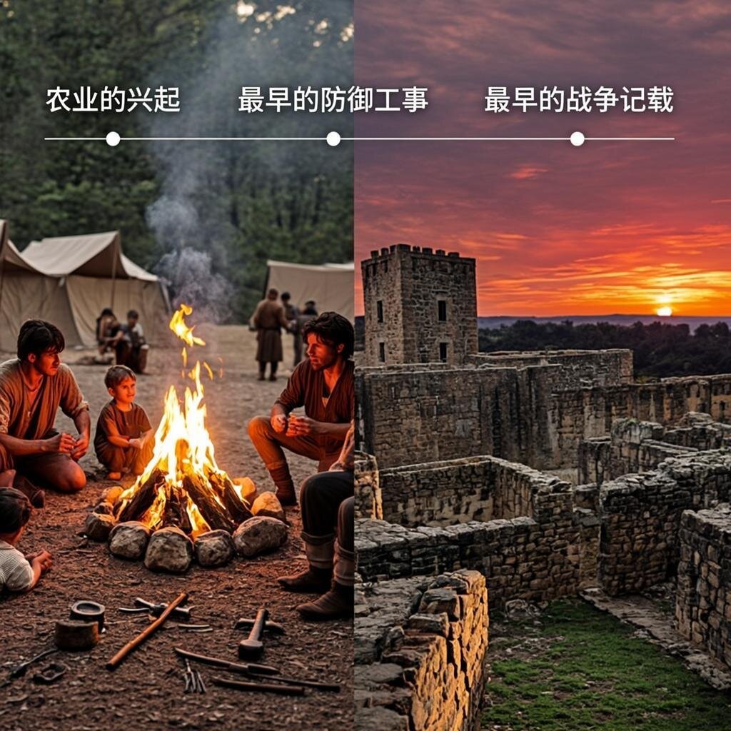A split-frame archaeological scene contrasting two eras of human existence. On the left, a peaceful prehistoric hunter-gatherer campsite at dawn, with small family groups gathered around a fire, children playing, and tools for gathering scattered about—no weapons visible. On the right, the weathered stone fortifications of an early Neolithic settlement, approximately 8,000 years old, with crude defensive walls and watchtowers silhouetted against a blood-red sunset. Between the two images, a thin timeline stretches across, marked with key dates: the emergence of agriculture, the first fortifications, the first written records of war. The overall tone is contemplative, suggesting the transition from a world without war to one defined by it.
