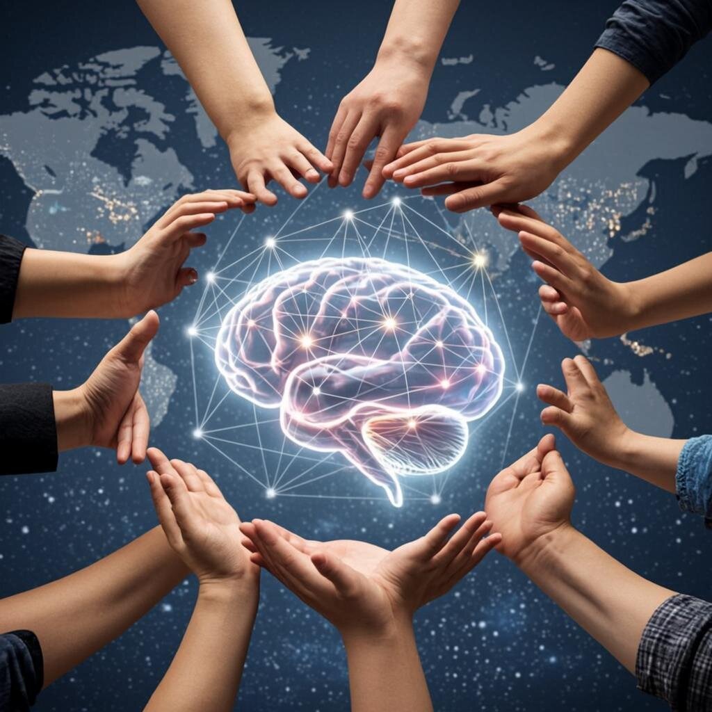 A striking overhead view of a diverse group of hands from different people—varying skin tones, ages, and cultural backgrounds—arranged in a circle around a glowing holographic brain projection. The brain displays interconnected neural pathways in multiple colours, with data streams and mathematical equations floating around it like a constellation. The background shows a subtle world map with connection lines linking major cities, suggesting global networks. The lighting is dramatic and modern, with blues and warm golds creating an atmosphere of scientific discovery and human connection. The composition emphasises both the technological and human elements of international collaboration.