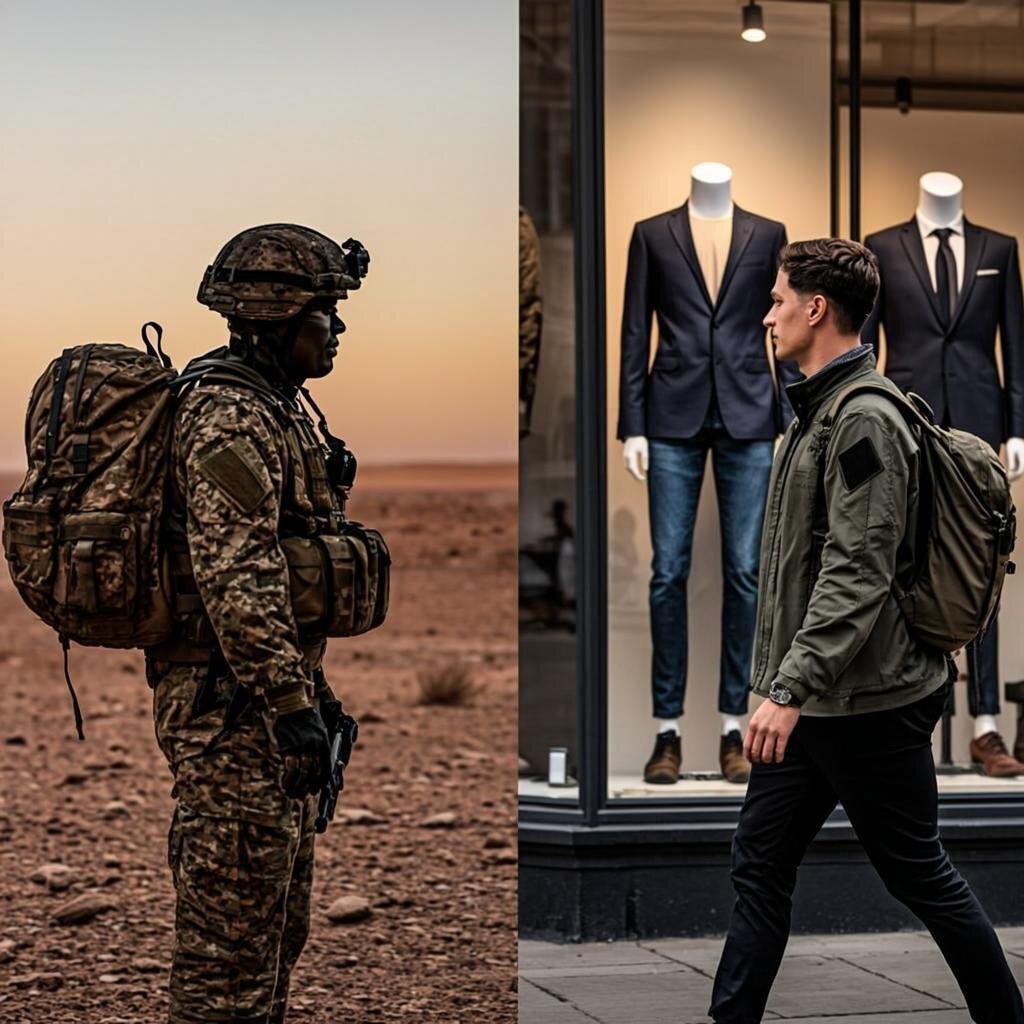 A split composition image showing the juxtaposition between military and civilian life. On the left side, a muted, dusty scene shows a soldier's silhouette against a desert landscape, wearing tactical gear and carrying a rucksack. On the right side, the same silhouette is transformed into a modern urban dweller on a London street, wearing a fashionable field jacket and carrying a similar-style backpack, walking past a shop window displaying military-inspired fashion. The colour palette transitions from the warm, desaturated tones of the battlefield to the cooler, sharper colours of the city. The image captures how military aesthetics have been absorbed into everyday civilian culture, blurring the line between the two worlds.